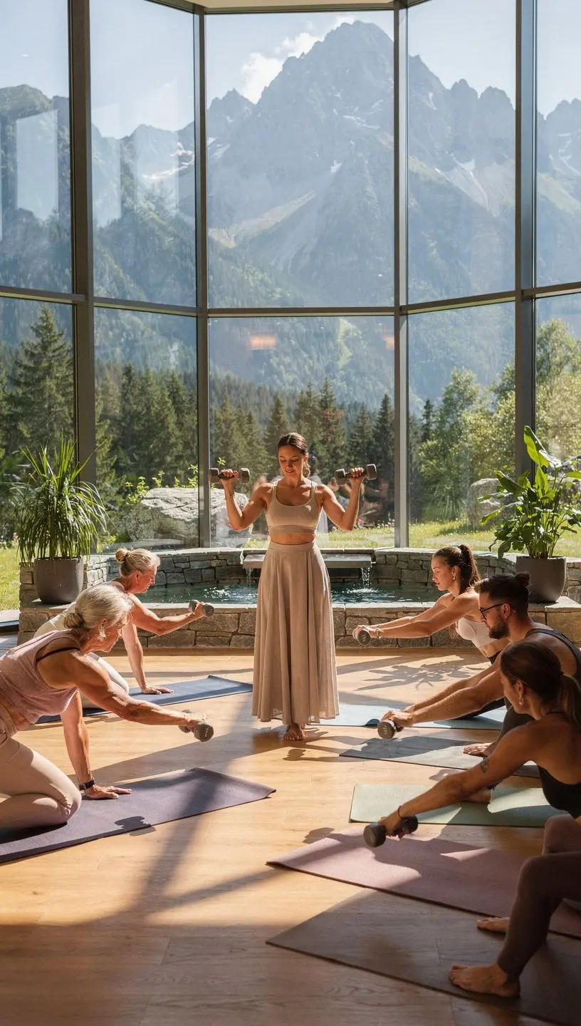 Grupa osób ćwiczących jogę z wykorzystaniem taśm oporowych, koncentrujących się na tonowaniu ciała.