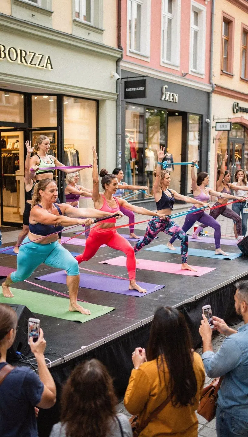 Grupa osób ćwiczących jogę z wykorzystaniem taśm oporowych, koncentrujących się na tonowaniu ciała.